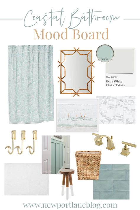 Gold Coastal Bathroom, Bathroom Decor Beach Coastal Style, Modern Coastal Shower Curtain, Coastal Beach Bathroom Ideas, California Coastal Interior Design Bedroom, Seascape Bathroom Ideas, Bathroom Design Coastal, Small Coastal Cottage Interiors, Bathroom Coastal Decor Ideas