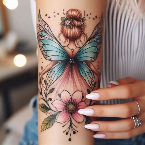 Beautiful Fairy Tattoos For Women, Fairy Sleeve Tattoo, Delicate Tattoos For Women, Butterfly Tattoo Ideas, Pretty Tattoo, Armband Tattoos, Beautiful Tattoos For Women, Fairy Tattoo Designs, Wicked Tattoos