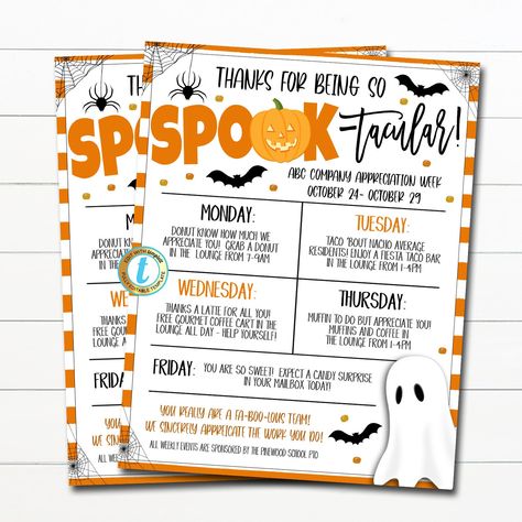 "Halloween Appreciation Week Itinerary Flyer Template. Use this schedule of events for your fall halloween appreciation week!  Works great for schools, churches, hospitals, businesses and more!  All text is editable so you can use for nurse appreciation, employee/staff appreciation and more! TEMPLATE FORMATTED SIZE: 8.5\" x 11\"  IMPORTANT: This is a DIY self-editing digital, printable product - I do not edit this file for you.  However, I do offer editing services at an extra charge, please rea Halloween Theme Week Ideas, Halloween Theme Teacher Appreciation, Halloween Staff Appreciation, Halloween Themed Employee Appreciation, Halloween Employee Engagement, Fall Theme Teacher Appreciation, October Staff Activities, Halloween Teacher Appreciation, October Teacher Morale Ideas