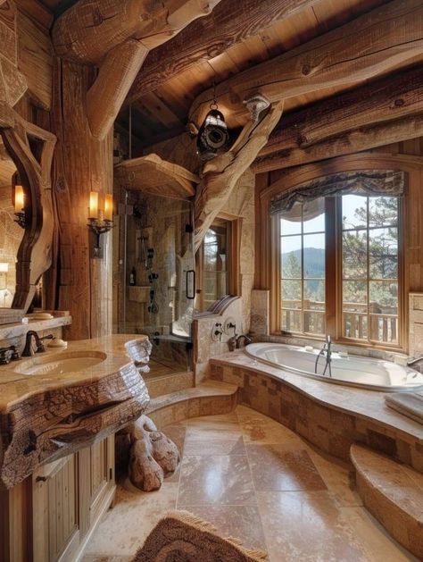 Mountain Home Bathroom Ideas, Large Walk In Showers Master Suite, Fancy Bathroom Luxury, Log House Bathroom, Log Home Bathroom, Barn House Interior, Log Cabin Interior, Log Home Designs, Brown House