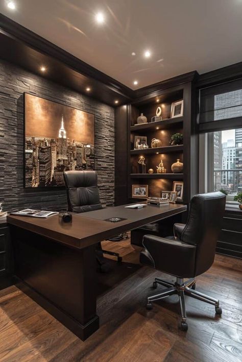 Classic Corner Desk, Pastors Office Decor Ideas, Pastor Office Decor Ideas, Man Office Ideas, Dark Brown Office, Dark Office Aesthetic, Loft Office Design, Modern Rustic Office, Grand Office