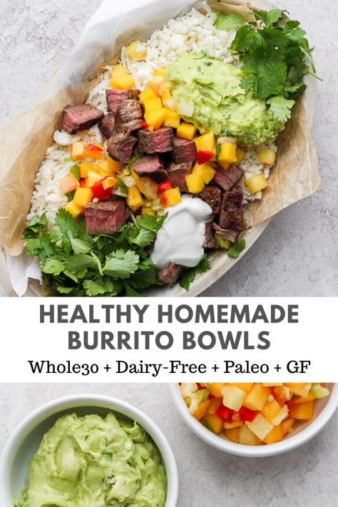 Easy Burrito Bowls - an easy weeknight dinner that is so easy to meal-prep and is perfect for work lunches! Make with steak, chicken, pork or leave vegetarian! (Whole30 + Paleo + DF + GF) #burritobowlrecipe #chipotleburritobowl #paleorecipes #healthybeefrecipes #whole30recipes #glutenfreerecipes Paleo Entrees, Aip Meals, Df Recipes, 30 Diet, Whole 30 Lunch, Burrito Bowls Recipe, Healthy Beef Recipes, Healthy Bowls Recipes, Paleo Meals