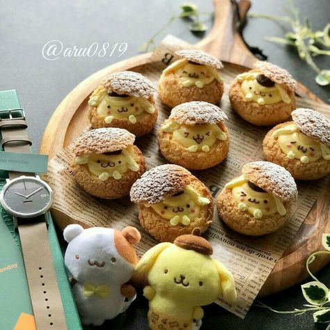 Sanrio Party, Pom Purin, Cute Bakery, Food Doodles, Cookie Bakery, Food Drawings, Cream Puff, Cute Baking, Cute Food Drawings