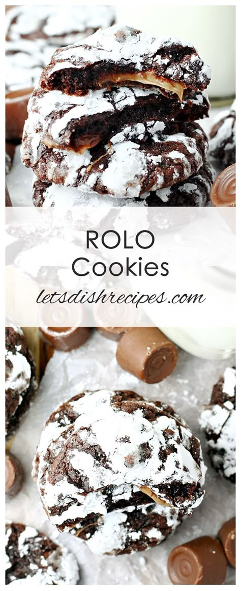 Rolo Cookies Recipe | Rich chocolate cookies, stuffed with Rolos for a chewy caramel center! #cookies #chocolate Vintage Appetizers, Rolo Cookies Recipe, Gift Mixes, Grandma Baking, Dream Cookies, Rolo Cookies, Soft Chocolate Cookie, Cookies Stuffed, Chewy Caramel