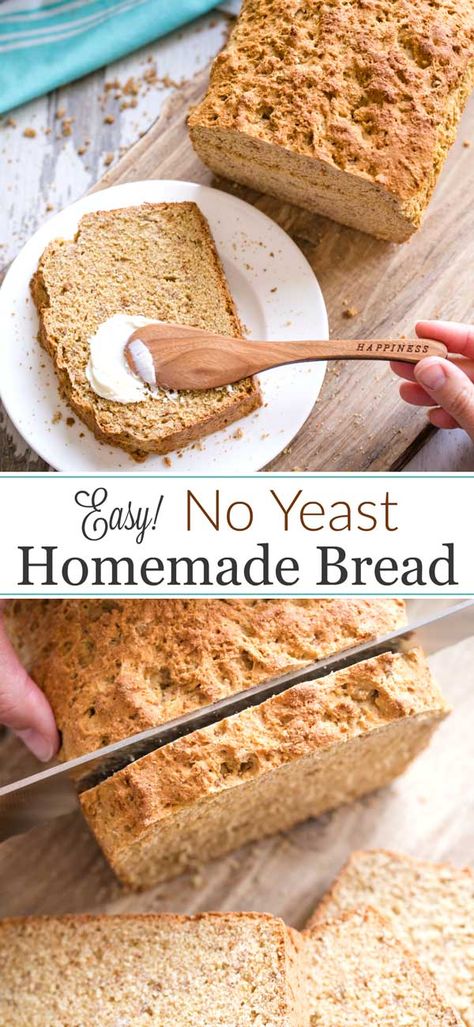 No yeast? Try this beloved, super-easy homemade bread recipe! A couple of simple yet surprising ingredients create an amazing yeastless bread that’s lightly sweet with a warm, nutty flavor and an extra-dense but soft texture … plus a gorgeous, craggy crust! This vintage no yeast bread dates back nearly a century, but it's still deliciously perfect today! Try it and see why it’s such a cherished favorite! | easy bread recipes no yeast | easy bread recipes quick | www.TwoHealthyKitchens.com Yeastless Bread Recipes, Yeastless Bread, Whole Wheat Banana Bread, Yeast Free Breads, Peanut Butter Bread, Wheat Bread Recipe, No Yeast Bread, Healthy Bread Recipes, Homemade Bread Recipes Easy