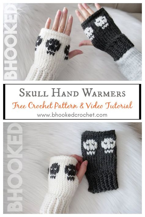 Skull Hand Warmers Free Crochet Pattern and Video Tutorial Crochet Skull Fingerless Gloves Free Pattern, Free Crochet Hand Warmers Pattern, Oddity Crochet, Crochet Hand Pattern, Skull Hand Warmers, Crochet Arm Warmers Free Pattern, Skull Crochet Pattern Free, Punk Crochet Patterns Free, Gothic Crochet Patterns Free