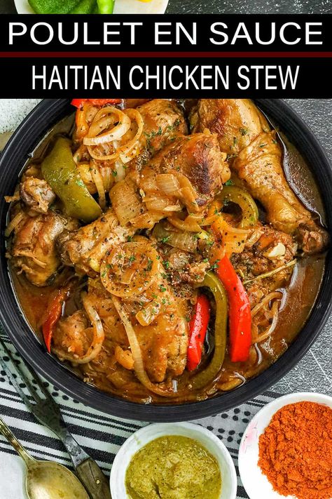 Haitian Curry Chicken, Chicken Recipes African, Haitian Stewed Chicken, Haitian Chicken Stew, Haitian Bbq Chicken, Haitian Dinner Recipes, West African Chicken Recipes, African Stew Chicken, Haitian Food Recipes Chicken