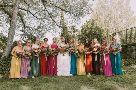 Rainbow Bridesmaid Dresses, Eccentric Wedding, Bright Bridesmaid Dresses, Jewel Tone Bridesmaid, Bridesmaid Dress Color Schemes, Rainbow Bridesmaids, Wildflower Wedding Theme, Multicolor Wedding, Spring Bridesmaid Dresses