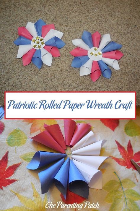 For a fun patriotic craft perfect from Memorial Day through Labor Day, create a red, white, and blue wreath with rolled paper cones. via @ParentingPatch Rolled Paper Wreath, Labor Day Crafts, Red White And Blue Wreath, Flag Crafts, Patriotic Art, Homeschool Crafts, Paper Crowns, Paper Wreath, Paper Cones