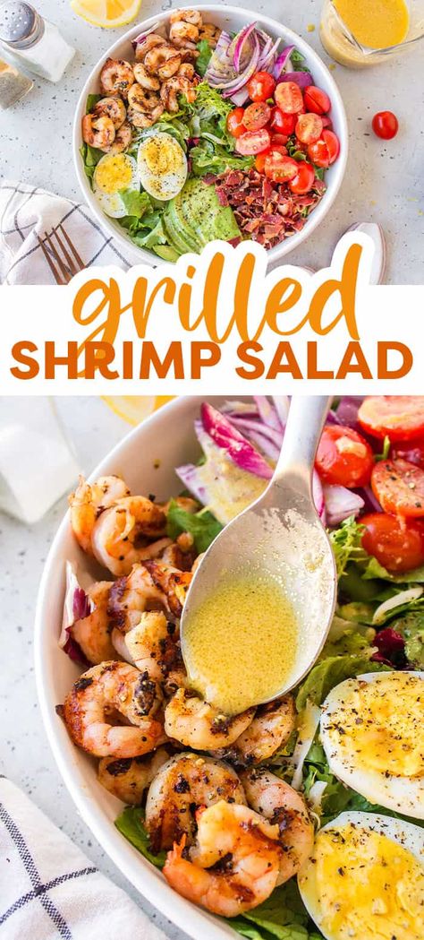 Our Grilled Shrimp Salad features seasoned grilled shrimp, plenty of fresh greens, and loads of salad favorites like cherry tomatoes, bacon, and avocado. All dressed up with our homemade honey mustard vinaigrette! This grilled shrimp salad recipe with a homemade honey mustard vinaigrette is a fresh, flavorful, and nutritious way to enjoy salad! Shrimp Salad Recipes Healthy, Amazing Smoothies, Shrimp And Sausage Pasta, Meal Bowls, Grilled Shrimp Salad, Shrimp Salad Recipe, Quick Foods, Seafood Risotto, Homemade Honey Mustard