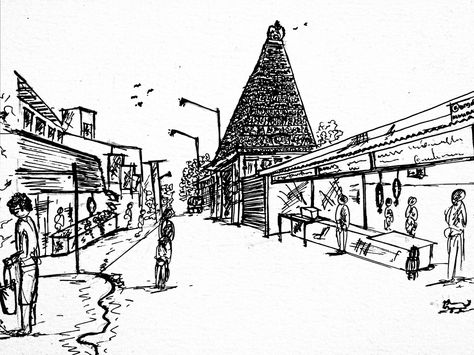 kapaleeswarar temple busy street Temple Sketch, 1 Point Perspective Drawing, 1 Point Perspective, Temple Drawing, Urban Sketch, Temple Architecture, Busy Street, Point Perspective, Perspective Art