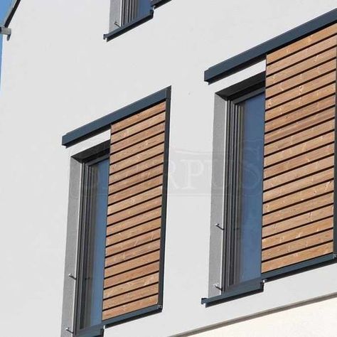 Outdoor exterior wooden sliding shutters. Wooden Shutters Exterior, Exterior Blinds, Outdoor Shutters, Window Shutters Exterior, Sliding Shutters, Wood Facade, House Shutters, Wooden Shutters, Shutters Exterior