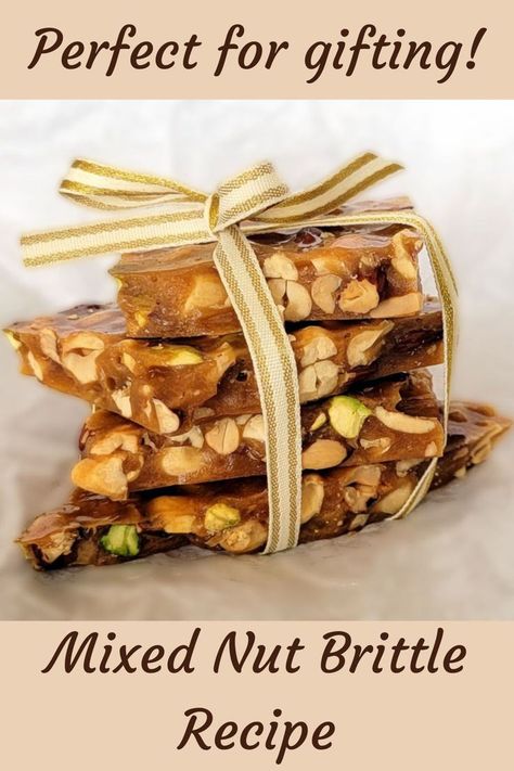 stack of nut brittle tied with a ribbon Nut Brittle Recipe, Nut Brittle, Candy Maker, Trail Mix Recipes, Brittle Recipes, Butter Caramel, Christmas Food Gifts, Candy Recipes Homemade, Nut Recipes