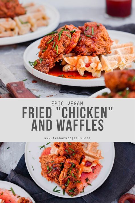 Vegan Chicken And Waffles, Veggie Lunches, Cornmeal Waffles, Vegan Brunch Recipes, Vegan Fried Chicken, Fried Chicken And Waffles, Vegetarian Chicken, Vegan Chicken, Veggie Snacks