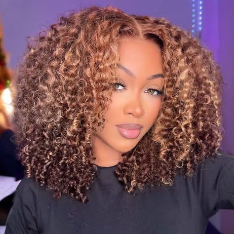 ISEE Wear Go Highlight Brown Color Kinky Curly Glueless Wig Pre-Cut HD Lace Closure Wig Curly Glueless Wig, Highlight Wigs, Short Brunette Hair, Highlight Brown, Hd Lace Wigs, Overnight Hairstyles, Ombre Brown, Glueless Wig, Colored Wigs