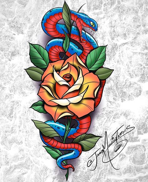 Tattoo Colored Design, Snake Tattoo Neotrad, Neo Traditional Snake Tattoo Design, Neo Snake Tattoo, Neo Trad Tattoo Design, Neotraditional Snake Tattoo, Neotraditional Tattoo Flash Art, Neo Japanese Snake Tattoo, New School Tattoo Designs