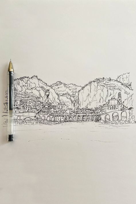 Amalfi Coast Drawing, Positano Tattoo, Amalfi Coast Art, Coast Sketch, Italy Sketches, Nature Sketching, Italy Tattoo, Amalfi Coast Italy, Urban Nature