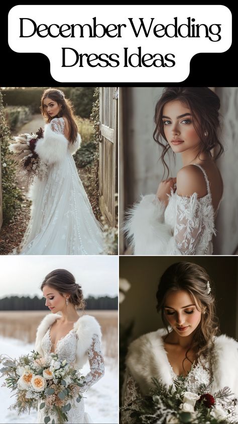 Bride in a December wedding dress with long sleeves and fur trim. Midi Winter Wedding Dress, Whimsical Winter Wedding Dress, Bohemian Winter Wedding Dress, How To Style Strapless Wedding Dress, Winter Wedding Bride Dress, New Years Wedding Dress, Budget Winter Wedding, December Wedding Dress The Bride, Winter Bridal Dress