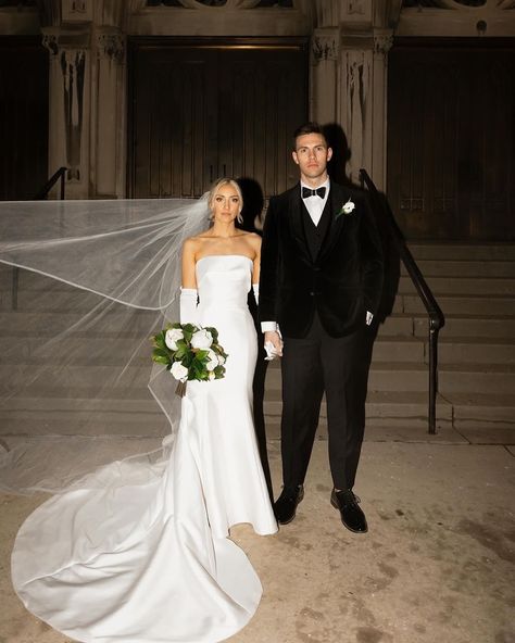 Oh just #RebeccasBride @al__dobro and her husband Tim looking like they belong on the COVER OF VOGUE 🤩👏 We can’t get enough of this absolutely stunning wedding! Love how Alexandria styled her strapless mikado mermaid dress with the bow, the long gloves, and the horsehair trimmed long veil 🙌Timeless perfection (also we’re getting iconic Elizabeth James vibes, iykyk 🥰) Congrats to these newlyweds! 🥂 Photos: @oliveandfigproductions Dress: @maggiesotterodesigns Veil: @ansoniabridalveils Gl... Vintage Wedding Dress With Gloves, Wedding Dress With Silk Gloves, Strapless Wedding Dress Long Train, Long Gloves With Wedding Dress, Strapless Wedding Dress Gloves, Strapless Wedding Dress Veil, Off Shoulder Wedding Dress With Gloves, Wedding Dresses With Long Gloves, Long Gloves Wedding Dress