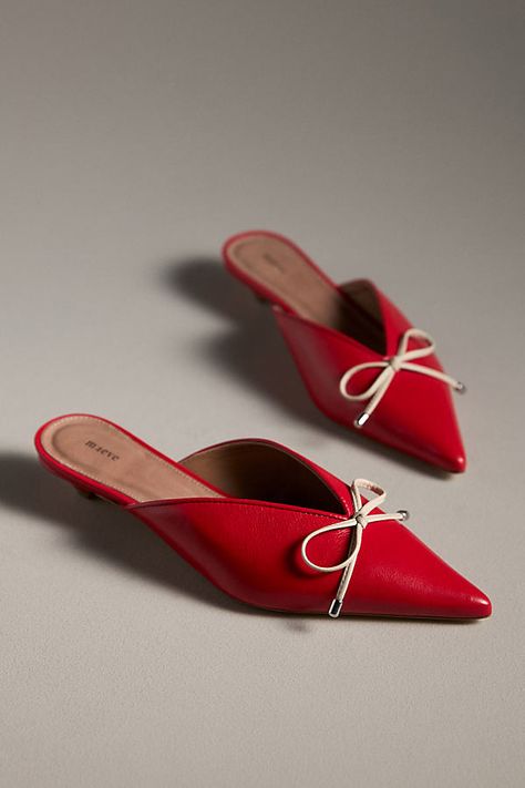 Leather upper, insole Rubber sole Slip-on styling Imported | Bow Mule Heels by Maeve in Red, Women's, Size: 37, Leather/Rubber at Anthropologie Bow Mules, Mule Heels, Stunning Shoes, Shoes Heels Wedges, Unique Shoes, Heels & Wedges, Shoe Style, Sock Shoes, Mule