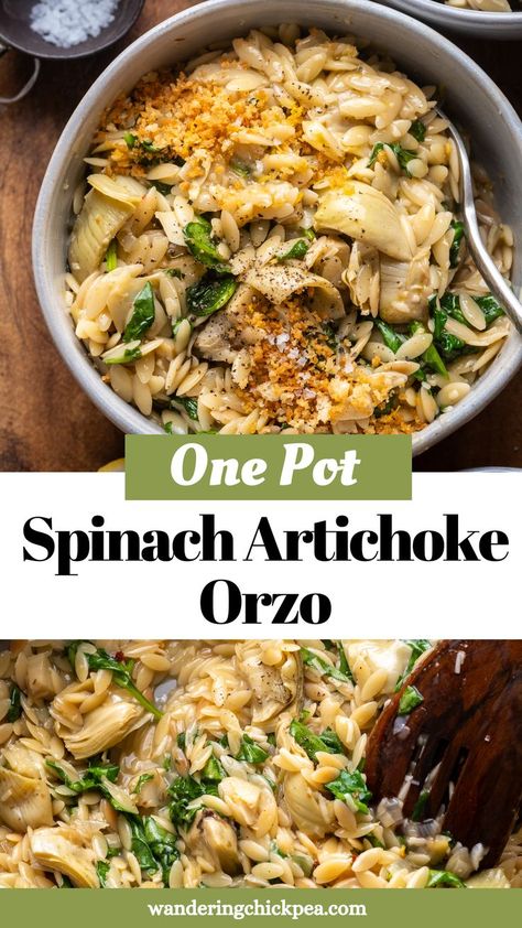 Spinach Artichoke Orzo Spinach Artichoke Orzo, Baby Artichoke Recipes, Artichoke Orzo, Orzo Recipes Side, Artichoke Heart Recipes, Marinated Artichoke Hearts, Orzo Recipe, Orzo Recipes, Artichoke Recipes