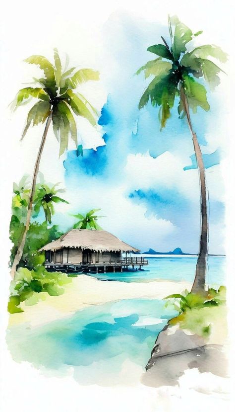 Watercolor Island Paintings, Hawaiian Watercolor, Bali Watercolor Paintings, Hawaii Watercolor Paintings, Hawaii Landscape Drawing, Thailand Watercolor, Tahiti, Maldives, Hawaii