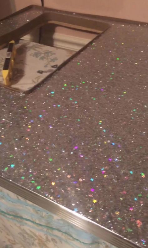 Sparkly Home Decor, Pink Glitter Floor, Holographic Kitchen, Glitter Countertops, Iridescent Furniture, Glitter Countertop, Sparkly Kitchen, Glitter Floor, Glitter Home Decor