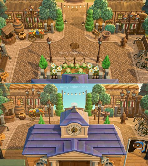 Plaza Animal Crossing Ideas, Acnh Town Hall, Animal Crossing Plaza Ideas, Animal Crossing Island Ideas Plaza, Acnh Town Plaza Ideas, Acnh Plaza, Animal Crossing Builds, Resident Services, Acnh Build Ideas