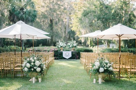 Tour de Force | Virginia and Stephen | Fall/Winter 2018 Charleston Weddings Magazine | Image by Aaron and Jillian Photography Umbrellas Outdoor Wedding, Market Umbrella Wedding, Umbrellas At Wedding Ceremony, White Umbrella Wedding Ceremony, Outdoor Ceremony Set Up, Umbrellas Wedding Ceremony, Wedding With Umbrellas, Umbrella Wedding Ceremony, Ceremony Set Up