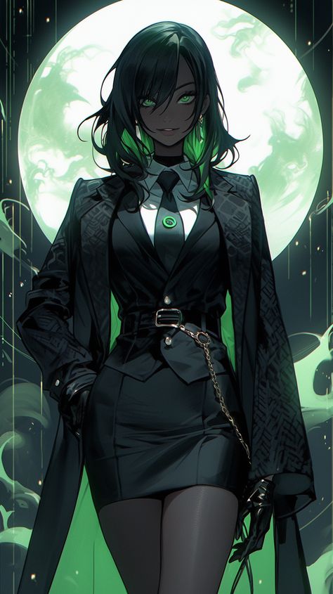 Womans Outfits, Woman In Suit, Anime Woman, 캐릭터 드로잉, 영감을 주는 캐릭터, Female Character Design, Fantasy Clothing, Green Hair, Character Outfits