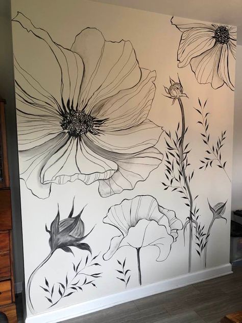 Residential Abstract Mural Bedroom, Wall Painting Ideas Creative Flowers, Bedroom Wall Mural Ideas Flower, Flower Wall Drawing, Flower Paint Wall., Flowers On Wall Bedroom, Painted Flowers On Wall, Flower Painted Wall, Accent Wall Mural Flower