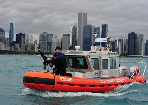 CHICAGO - A tactical Coast Guard boatcrew, aboard a 25-foot Response Boat-Small, patrols Lake Michigan near the city of Chicago during the 2012 NATO Summit, May 21, 2012. Coast Guard boatcrews enforced security zones 24-hours per day during the event. U.S. Coast Guard photo by Petty Officer 2nd Class George Degener. Coast Gaurd, Coast Guard Helicopter, Coast Guard Boats, Coast Guard Rescue, Coast Guard Ships, Camping In Ohio, Great Lakes Ships, Inflatable Boats, City Of Chicago