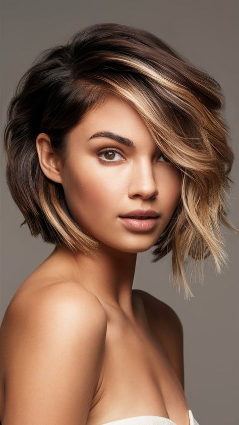 short hair balayage Baliage Short Hair 2024, Bayalage For Short Hair, Balayage Hair Bob Short, Brunette Balayage Hair Chin Length, Balayage On Short Hair Dark, Short Brown Hair With Blonde Money Piece, Brunette Balayage Short Hair, Bayalage On Short Hair, Short Hair Ombre Balayage