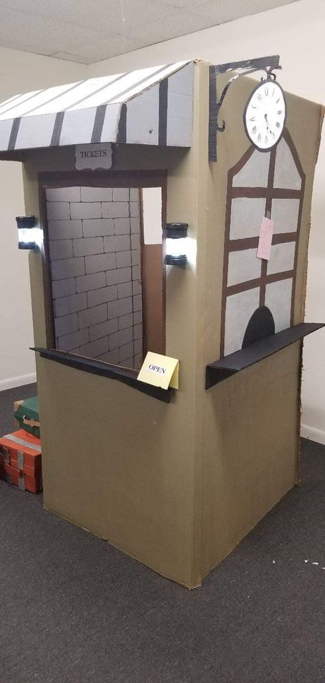 Diy Train Station, Train Ticket Booth, Train Depot Decor, Cardboard Box Train, Train Vbs, Train Decorations, Cardboard Train, Polar Express Christmas Party, Polar Express Theme