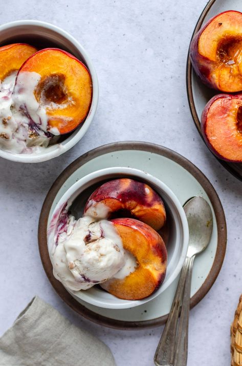 Broiled Peaches and Non-Dairy Frozen Dessert - Food Heaven Made Easy Broiled Peaches, Peach Healthy, Maple Syrup Glaze, Cinnamon Glaze, Blueberry Oat, Peach Syrup, Oat Crumble, Stone Fruits, Grilled Peaches