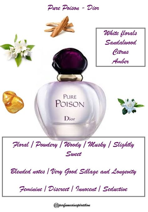 Pure Poison by Dior is a very special perfume. It has a very good sillage and longevity. The notes are good blended. It smells white florals with wood, amber and citrus. It ‘s powdery, musky and sweet. It ‘s an innocent and discreet fragrance, but at the same time very addictive. Dior Pure Poison Perfume, Pure Poison Dior Aesthetic, Powdery Perfume For Women, White Floral Perfumes, Pear Fragrances, Pure Poison Dior, Powdery Perfumes, Dior Poison Perfume, Vanilla Skin