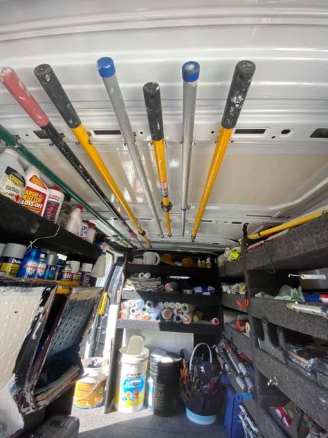 Painters & Decorators Van Layout + Racking Ideas Builders Van Storage, Work Van Shelving Ideas, Cargo Van Storage Ideas, Van Storage Ideas Organizing, Diy Work Van Storage Ideas, Small Van Racking Ideas, Ford Transit Connect Work Van, Sprinter Van Storage Ideas, Work Truck Organization Ideas