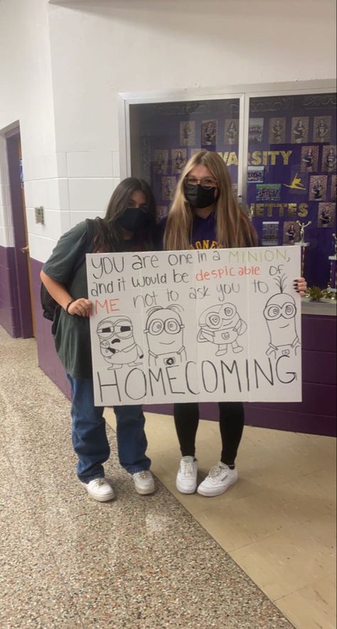 Different School Hoco Proposal, Hoco Poster Best Friends, Sports Med Hoco Proposal, Minion Homecoming Proposal, Homecoming Asking Ideas Friends, Just Friends Hoco Proposal, Bff Promposal Best Friends, Hoco Poster Ideas Funny, Anime Hoco Proposals Ideas