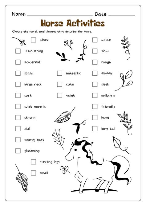 Horse Worksheets Free Printable, Horse Activities For Kids, Horse Camp Activities, Horse Quizzes, Equine Therapy Activities, Horse Worksheets, Horse Art Ideas, Camp Themes, Quizzes For Kids