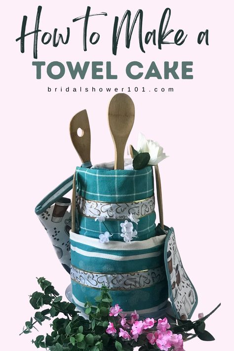 How To Make A Towel Cake DIY Bridal Shower Gift | Bridal Shower 101 Creative Wedding Shower Gifts, Towel Cakes Diy, Dish Towel Cakes, Wedding Shower Gifts Basket, Kitchen Towel Cakes, Bridal Shower Baskets, Wedding Towel Cakes, Wedding Cake Gift, Diy Bridal Shower Gifts