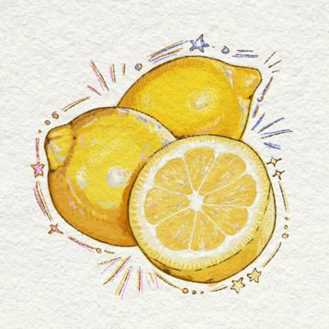 Lemon Slice Illustration, Fruit Drawing Reference, Yellow Things To Draw, Desserts To Draw, Lemonade Doodle, Lime Drawings, Lemon Slice Drawing, Lemons Drawing, Cute Fruit Drawings