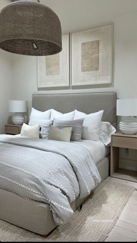 Guest Room Grey Bed, Light Grey Carpet Bedroom Ideas, Light Gray Bed Frame Bedroom Ideas, Light Grey Bedding Ideas, Grey Bedframe Room Ideas Cozy, Grey Bed Styling, Grey Upholstered Bed Bedroom Ideas, Grey Bed Decor, Grey And Cream Bedroom Ideas