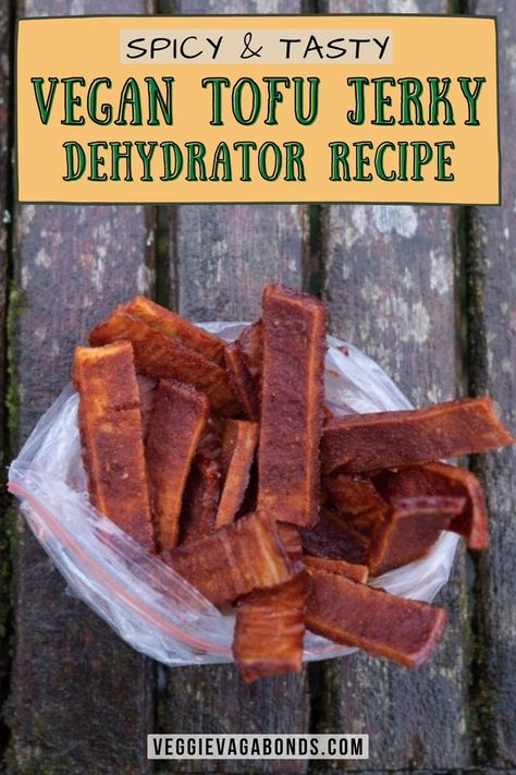 Vegan Jerky Recipe, Tofu Jerky, Jerky Recipes Dehydrator, Vegan Camping Food, Best Food Dehydrator, Vegan Jerky, Jerky Recipe, Jerky Recipes, Backpacking Trips