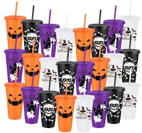 Adult Halloween Birthday Party, Halloween Plastic Cups, Plastic Cups With Lids, Halloween Party Cups, Cups With Lids And Straws, Pumpkin And Ghost, Halloween Gift Baskets, Ghost Skull, Cups With Lids