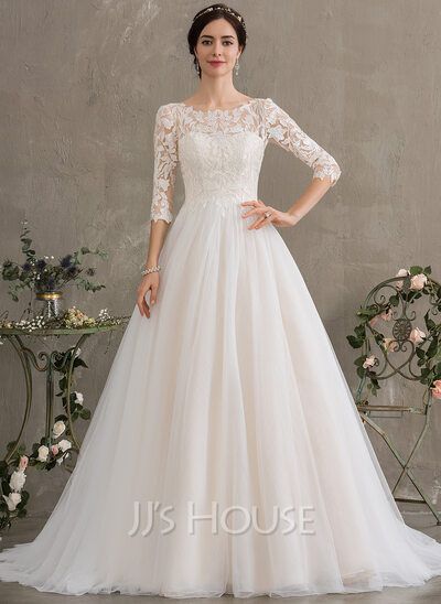 [£ 179.00] Ball-Gown/Princess Scoop Neck Court Train Tulle Wedding Dress With Sequins (002186395) 3/4 Sleeve Wedding Dress, Wedding Ball Gown Princess, Wedding Dress With Sequins, Scoop Wedding Dress, Christian Wedding Gowns, Court Train Wedding Dress, Wedding Dress Silhouette, Gown Princess, Dress Train