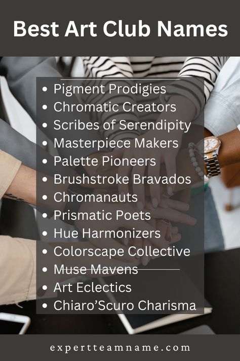 Art is a creative expression that brings people together, whether through painting, sculpting, drawing, or other mediums. For those looking to start or join an art club, having a memorable and meaningful name can be the first step in creating a community of like-minded artists. But with so many options, how do you choose the perfect art club name? Book Club Names, Meaningful Names, Creative Names, Bible Study Group, School Team, Unique Names, Teacher Humor, Team Names, Art Club