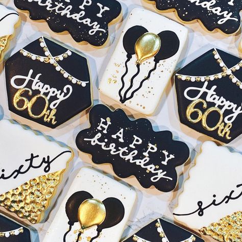 Black And White Decorated Cookies, Black And Gold Sugar Cookies, 60th Birthday Cookies Decorated, Black And Gold Birthday Cookies, Black And Gold Cookies, 55th Birthday Party Ideas, 70th Birthday Ideas For Mom, Hello Forty, Cookie Birthday