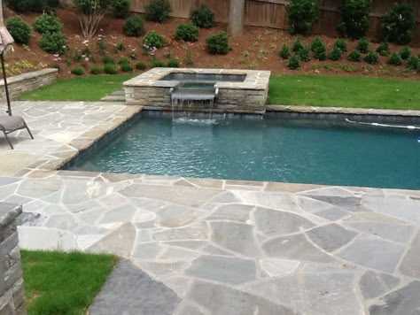 Flagstone Patio Around Pool, Irregular Flagstone Patio, Austin Stone Retaining Wall, Grey Flagstone Patio, Slate Pool Deck, Flagstone Pool Surround, Flagstone Pool Deck, Pool Flagstone, Stone Around Pool