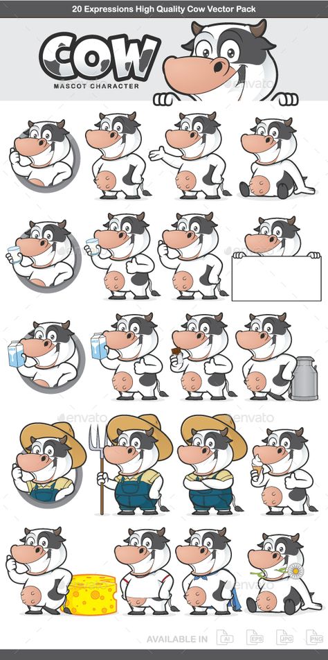 20 Expressions cow mascot character, High quality vector character mascot illustration. Fully customizable in AI and EPS, Also ava Cow Illustration Cute, Cow Character Design, Milk Character, Cow Character, Character Expressions, Cow Mascot, Farm Cartoon, Cow Cartoon, Mascot Illustration