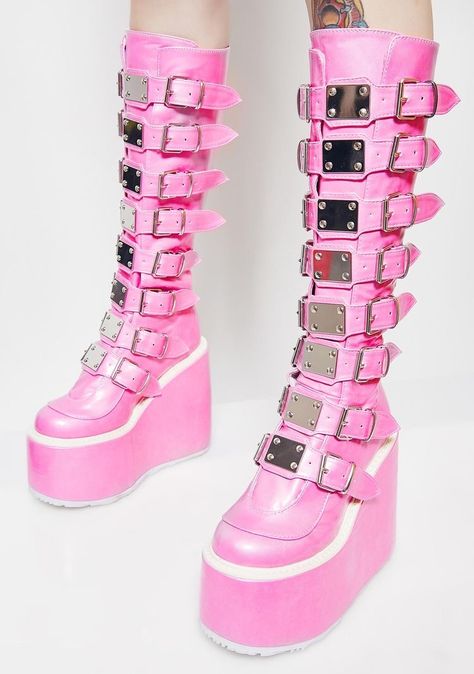 Pink Trinity Boots by Demonia (240C) Trinity Boots, Rave Shoes, Demonia Boots, Goth Shoes, Goth Boots, Demonia Shoes, Pastel Goth Fashion, Kawaii Shoes, New Rock